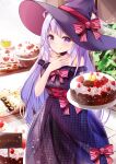  1girl ahoge bakery bangs black_choker blush bow breasts cake choker closed_mouth commentary_request dress eyebrows_visible_through_hair food fruit hand_on_own_chest happy_birthday hat hat_bow highres holding holding_food indoors leaf long_hair looking_at_viewer mutang off-shoulder_dress off_shoulder original purple_dress purple_headwear red_bow shop smile solo standing strawberry striped striped_bow underbust very_long_hair violet_eyes witch_hat 