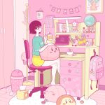  1girl aqua_shirt backpack bag black_hair blush bowl chair computer cup food globe hair_ornament hairclip hat hat_removed headwear_removed highres holding holding_cup kirby kirby_(series) laptop macaron original pink_bag pink_theme profile shelf shirt short_hair shorts sitting solo star_(symbol) tissue_box trash_can waddle_dee wide_shot yellow_shorts yoshimon 
