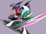  ayo_(ayosanri009) brown_eyes claws commentary_request dutch_angle gallade garchomp gen_4_pokemon legs_apart looking_to_the_side motion_blur open_mouth pokemon pokemon_(creature) sharp_teeth spikes standing teeth tongue 