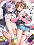  2girls :3 :d ahoge animal_ear_fluff animal_ears animal_hood arm_up bangs bare_legs black_cardigan black_collar black_shirt blue_shorts blush bow breasts breasts_apart brown_hair cardigan cat_ears cat_girl cat_tail closed_mouth collar collared_shirt commentary_request dog_ears eyebrows_visible_through_hair hair_between_eyes hair_bow hair_ornament hairband hand_on_another&#039;s_shoulder hand_on_another&#039;s_stomach highres hololive hood hood_down inugami_korone jacket kito_koruta long_hair looking_at_viewer lying medium_breasts multiple_girls nekomata_okayu nintendo_switch on_back on_bed on_stomach open_cardigan open_clothes open_jacket open_mouth partially_unbuttoned pink_bow pink_hairband pink_jacket pom_pom_(clothes) pom_pom_hair_ornament print_shirt purple_hair shirt short_shorts shorts signature slippers slippers_removed smile tail thigh_strap violet_eyes virtual_youtuber white_shirt yellow_footwear 