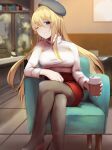  1girl alternate_costume atago_(kancolle) bangs beret black_legwear blonde_hair blue_eyes blue_headwear blush breasts cafe chair crossed_legs cup disposable_cup hair_between_eyes hat highres holding holding_cup honmakaina_kudou indoors kantai_collection large_breasts long_hair long_sleeves one_eye_closed pantyhose red_skirt sitting skirt smile solo sweater turtleneck turtleneck_sweater white_sweater 