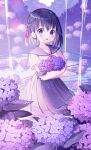  1girl :d bangs black_hair braid commentary_request eyebrows_visible_through_hair flower grey_sailor_collar grey_skirt hair_between_eyes highres hydrangea ikari_(aor3507) looking_at_viewer neck_ribbon object_hug open_mouth original pink_flower pleated_skirt purple_flower red_ribbon ribbon sailor_collar shirt short_sleeves skirt smile solo twitter_username violet_eyes water white_shirt 