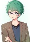  1boy atu bangs blue-framed_eyewear brown_suit collarbone commentary_request crossed_arms eyebrows_visible_through_hair glasses green_hair grey_shirt highres original shirt short_hair smile solo white_background 