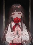  1girl absurdres bangs blunt_bangs brown_hair collared_shirt copyright_name doodle flower highres ib ib_(ib) kaneblob long_hair long_sleeves looking_at_viewer nail_polish picture_frame red_flower red_rose rose shirt signature solo white_shirt 