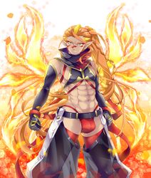  1boy abs belt black_gloves blonde_hair braid bulge clenched_hand elbow_gloves facepaint fairy_ranmaru:anata_no_kokoro_otasuke_shimasu fire gloves green_eyes highres hoterase_homura long_hair looking_at_viewer male_focus multicolored_hair orange_hair pointy_ears smirk standing toned toned_male very_long_hair 