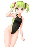  1girl absurdres bangs black_swimsuit blunt_bangs breasts commentary_request delruki delutaya diagonal_bangs green_hair highleg highleg_swimsuit highres indie_virtual_youtuber looking_at_viewer mixed-language_commentary red_eyes salute short_hair simple_background sing152 small_breasts smile solo swimsuit thick_eyebrows thigh_gap twintails virtual_youtuber white_background 