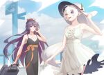  2girls :d antenna_hair artist_request bangs bare_shoulders black_dress blue_eyes blue_sky breasts clouds cloudy_sky dress hair_between_eyes hair_ornament hairpin heterochromia highres holding honkai_(series) honkai_impact_3rd kiana_kaslana long_hair luggage multiple_girls open_mouth outdoors purple_hair raiden_mei sky smile violet_eyes white_dress white_hair white_headwear yellow_eyes 