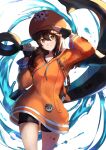  1girl absurdres anchor bangs bike_shorts brown_eyes brown_hair cabbie_hat cowboy_shot eyebrows_visible_through_hair fingerless_gloves gloves guilty_gear guilty_gear_strive hair_between_eyes hat highres huge_filesize jacket long_hair long_sleeves looking_at_viewer may_(guilty_gear) orange_headwear orange_jacket pirate_hat salute shorts skull_and_crossbones smile solo subu_art water white_background 