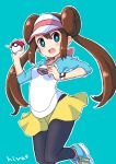  1girl bangs black_legwear blush bow breasts bright_pupils brown_hair commentary double_bun green_eyes highres hiva+ holding holding_poke_ball legwear_under_shorts long_hair looking_at_viewer open_mouth outline pantyhose pink_bow poke_ball pokemon pokemon_(game) pokemon_bw2 raglan_sleeves rosa_(pokemon) shirt shoes short_shorts shorts smile sneakers solo tongue twintails visor_cap white_pupils yellow_shorts 