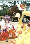  2000s_(style) 3girls absurdres aratani_tomoe asahina_mikuru brown_hair highres japanese_clothes kimono long_sleeves megami_magazine multiple_girls nagato_yuki official_art scan short_hair suzumiya_haruhi suzumiya_haruhi_no_yuuutsu yukata 