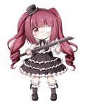  1girl black_dress black_footwear black_hairband black_headwear black_legwear blush brown_eyes brown_hair chibi closed_mouth dress eyepatch frilled_dress frills full_body hairband hanazono_yurine hat highres holding holding_weapon jashin-chan_dropkick kneehighs kuena long_hair long_sleeves looking_at_viewer medical_eyepatch mini_hat ribbon-trimmed_legwear ribbon_trim ringlets shirt shoes simple_background sleeveless sleeveless_dress solo standing tilted_headwear twintails very_long_hair weapon white_background white_shirt 