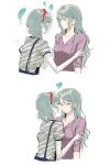  absurdres aqua_hair bang_dream! eyebrows_visible_through_hair green_eyes headband heart highres hikawa_hina hikawa_sayo incest kiss kissing_cheek long_hair short_hair siblings side_braids sisters twincest twins white_background zihacheol zombie 