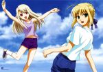  2girls :d ahoge albino artbook artoria_pendragon_(all) blonde_hair blue_bow bow clouds denim dot_nose fate/stay_night fate_(series) hair_bow highres illyasviel_von_einzbern jumping looking_at_viewer multiple_girls official_art open_mouth purple_shorts purple_tank_top red_eyes rotated saber scan shorts sidelocks sky smile tank_top white_hair 