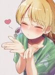  1girl blonde_hair blowing_kiss blush closed_eyes collarbone ear_piercing embarrassed eyebrows_visible_through_hair flying_sweatdrops full-face_blush green_shirt grey_background hands_up heart highres idolmaster idolmaster_cinderella_girls morikubo_nono piercing print_shirt ringlets shirt signature simple_background solo suzugaeru sweat upper_body 