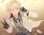  1boy alice_(sinoalice) anniversary black_gloves blonde_hair blue_eyes coin collared_shirt english_text formal fuyaketa_konbu glasses gloves gold hand_on_eyewear highres leaning_forward looking_at_viewer male_focus necktie pants shirt short_hair sinoalice smile solo v 