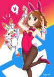  1girl :3 absurdres alternate_costume animal_ears arm_up bangs blush bob_cut bow bowtie breasts brown_eyes brown_hair brown_legwear bunny_tail closed_mouth commentary detached_collar eyebrows_visible_through_hair fake_animal_ears fake_tail gen_8_pokemon gloria_(pokemon) hand_up high_heels highres hiva+ leg_up leotard outline oversized_breast_cup pantyhose pink_footwear pink_leotard pink_neckwear playboy_bunny playboy_bunny_leotard pokemon pokemon_(creature) pokemon_(game) pokemon_swsh rabbit_ears scorbunny short_hair small_breasts smile starter_pokemon strapless strapless_leotard tail wrist_cuffs 