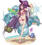  1girl :d ark_order baseball_bat beach bikini blindfold bow bucket crab dragon flower food fruit hair_flower hair_ornament hat headwear_removed holding holding_innertube innertube jacket long_hair ocean official_art open_mouth pink_bikini pink_bow purple_hair purple_headwear red_cucumber red_eyes red_footwear sand scrunchie shoes shovel single_thighhigh smile solo swimsuit tachi-e thigh-highs thigh_strap transparent_background twintails very_long_hair water_gun watermelon white_jacket wrist_scrunchie yamata_no_orochi_(ark_order) 