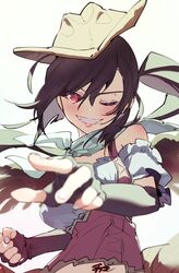  1girl bandana bare_shoulders black_gloves black_hair blue_shirt blurry blush brown_headwear clenched_hand commentary_request cowboy_hat depth_of_field elbow_gloves eyebrows_visible_through_hair fingerless_gloves foreshortening gloves grin hair_between_eyes hat highres kurokoma_saki long_hair looking_at_viewer off-shoulder_shirt off_shoulder one_eye_closed ponytail red_eyes shirt simple_background smile solo syuri22 touhou white_background 