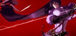  1girl abs armor bangs black_gloves bodysuit breasts covered_navel elbow_gloves fate/grand_order fate_(series) fingerless_gloves gloves highres huge_breasts japanese_armor katana kote long_hair looking_at_viewer minamoto_no_raikou_(fate) parted_bangs pelvic_curtain purple_bodysuit purple_hair red_background ribbed_sleeves rope sword tabard tassel ub1mo very_long_hair violet_eyes weapon 