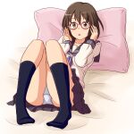  1girl adjusting_eyewear bangs bed_sheet black_legwear black_sailor_collar black_skirt blouse blue_neckwear brown_eyes brown_hair commentary_request crotch_seam glasses idolmaster idolmaster_cinderella_girls kamijou_haruna lielos long_hair long_sleeves looking_at_viewer lying miniskirt on_back on_bed open_mouth panties pantyshot pillow pleated_skirt red-framed_eyewear sailor_collar school_uniform serafuku short_hair skirt socks solo underwear white_blouse white_panties 