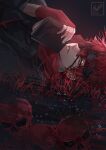  1boy black_headband d.gray-man eyepatch fingerless_gloves gloves half-closed_eyes headband holding lavi male_focus miyukiko parted_lips red_eyes red_gloves redhead short_hair skeleton solo spiky_hair 