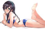  1girl alternate_costume bikini black-framed_eyewear black_hair blue_bikini breasts glasses green_eyes green_hairband hairband highres kantai_collection long_hair lying miyako_(00727aomiyako) on_stomach ooyodo_(kancolle) semi-rimless_eyewear small_breasts smile solo swimsuit the_pose under-rim_eyewear 