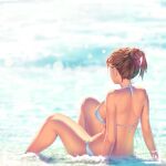  1girl a.x. back bare_arms bare_legs bikini blurry blurry_background breasts brown_hair commentary_request dated facing_away from_behind hair_bun large_breasts nape ocean original shoulder_blades sideboob sitting solo swimsuit thighs viewfinder waves wet white_bikini 