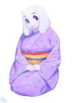  1girl animal_ears artist_name blush colored_eyelashes eyelashes full_body furry goat_ears goat_horns hands_together highres horns inuki_(aruurara) japanese_clothes kimono kneeling looking_at_viewer simple_background smile solo toriel undertale violet_eyes white_fur 