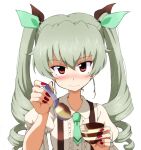  1girl anchovy_(girls_und_panzer) bangs black_ribbon blurry blurry_foreground blush center_frills closed_mouth collared_shirt depth_of_field drill_hair eyebrows_visible_through_hair feeding food frills girls_und_panzer green_hair green_neckwear green_ribbon hair_ribbon holding holding_spoon kayabakoro long_hair looking_at_viewer nail_polish pov pudding red_eyes red_nails ribbon shirt short_hair simple_background skirt solo spoon suspender_skirt suspenders sweatdrop twin_drills twintails upper_body white_background 