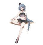  1girl :d bare_legs bikini bikini_skirt blue_nails bracelet bright_pupils earrings eyeliner flat_chest flower frilled_bikini frills fu_hua_(herrscher_of_sentience) full_body grey_hair hair_between_eyes hair_flower hair_ornament halterneck highleg highleg_bikini highres honkai_(series) honkai_impact_3rd jewelry long_hair low-tied_long_hair makeup multicolored_hair nail_polish navel o-ring o-ring_top open_mouth red_eyes sandals simple_background single_earring sitting slyvia smile solo streaked_hair swimsuit toenail_polish very_long_hair white_background 