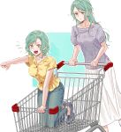  2girls absurdres aqua_hair bang_dream! bangs closed_mouth green_eyes highres hikawa_hina hikawa_sayo long_hair multiple_girls open_mouth pants shirt shopping_cart short_hair short_sleeves siblings sisters twins zihacheol 