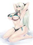  1girl arms_up bikini black_bikini blue_eyes breasts fate/grand_order fate_(series) front-tie_bikini front-tie_top huge_breasts long_hair morgan_le_fay_(fate) navel platinum_blonde_hair ponytail side-tie_bikini sitting swimsuit tomliat wariza white_background 