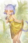  1girl absurdres animal_ears bangs blunt_bangs breasts cat_ears chest_jewel daible dress_swimsuit highres nia_(fancy_sundress)_(xenoblade) nia_(xenoblade) short_hair silver_hair small_breasts solo swimsuit xenoblade_chronicles_(series) xenoblade_chronicles_2 yellow_eyes yellow_swimsuit 