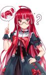  1girl ? bangs black_dress blush bow confused corset double_bun dress glasses hand_on_hip highres hololive hololive_indonesia jeze kureiji_ollie long_hair looking_at_viewer multicolored_hair olivia_(kureiji_ollie) pink_hair red_bow red_eyes redhead solo speech_bubble streaked_hair very_long_hair virtual_youtuber white_background x_x zombie 