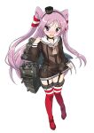  1girl alternate_hairstyle amatsukaze_(kancolle) amatsukaze_(kancolle)_(cosplay) arm_at_side bangs black_dress black_hairband black_headwear blush commentary_request cosplay dress dress_tug eyebrows_visible_through_hair full_body garter_straps grey_neckwear hair_tubes hairband hand_up hat highres hiiragi_kagami hotaru_iori ichimi_renge kantai_collection lifebuoy_ornament long_hair long_sleeves looking_at_viewer lucky_star mini_hat neckerchief purple_hair red_legwear rigging rudder_footwear sailor_collar sailor_dress see-through short_dress simple_background solo standing striped striped_legwear thigh-highs two_side_up very_long_hair violet_eyes white_background white_sailor_collar windsock 