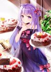  1girl ahoge bakery bangs black_choker blush bow breasts cake choker closed_mouth commentary_request dress eyebrows_visible_through_hair food fruit hair_bow hair_rings hand_on_own_chest happy_birthday highres holding holding_food indoors leaf long_hair looking_at_viewer mutang off-shoulder_dress off_shoulder original purple_dress red_bow shop smile solo standing strawberry striped striped_bow underbust very_long_hair violet_eyes 