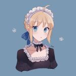  1girl :o ahoge artoria_pendragon_(all) bangs blonde_hair blue_background blue_eyes braid fate/grand_order fate/stay_night fate_(series) french_braid frills looking_at_viewer maid_headdress meloettta open_mouth puffy_short_sleeves puffy_sleeves short_sleeves sidelocks solo 