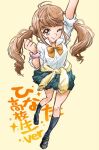  1girl bow brown_eyes brown_hair eyelashes happy healin&#039;_good_precure highres hiramitsu_hinata long_hair looking_at_viewer one_eye_closed pre221b precure ribbon shirt shoes simple_background sketch skirt smile socks solo translation_request twintails white_shirt yellow_background 