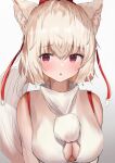  1girl :o animal_ear_fluff animal_ears aohane bare_shoulders blush breasts cleavage_cutout clothing_cutout hat highres inubashiri_momiji large_breasts looking_to_the_side open_mouth revision simple_background solo tail tokin_hat touhou upper_body violet_eyes white_background wolf_ears wolf_tail 