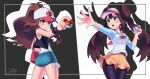  2girls absurdres baseball_cap black_legwear black_vest black_wristband blue_eyes bow brown_hair commentary_request double_bun hat high_ponytail highres hilda_(pokemon) holding holding_poke_ball legwear_under_shorts long_hair maydaykiki multiple_girls pantyhose pink_bow poke_ball poke_ball_(basic) pokemon pokemon_(game) pokemon_bw pokemon_bw2 raglan_sleeves rosa_(pokemon) shirt short_shorts shorts sidelocks sleeveless sleeveless_shirt spread_fingers tank_top twintails vest visor_cap white_shirt wristband yellow_shorts 