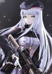  1girl assault_rifle bangs beret black_headwear blue_jacket breasts commentary_request facial_mark girls_frontline gloves green_eyes gun h&amp;k_hk416 hair_ornament hat hk416_(girls_frontline) holding holding_gun holding_weapon jacket long_hair long_sleeves looking_at_viewer nekoya_(liu) object_namesake parted_lips rifle signature silver_hair small_breasts solo trigger_discipline twitter_username very_long_hair weapon white_gloves 