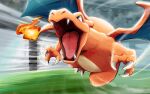  audience ayo_(ayosanri009) black_eyes charizard claws commentary_request fangs fire flame flying gen_1_pokemon motion_blur open_mouth pokemon pokemon_(creature) stadium tongue 