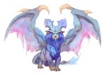  blue_hair fangs full_body garrett_hanna highres looking_at_viewer lunastra monster monster_hunter:_world monster_hunter_(series) no_humans simple_background solo tail white_background wings yellow_eyes 