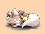  ayo_(ayosanri009) claws closed_eyes closed_mouth commentary_request gen_2_pokemon gen_7_pokemon lycanroc lycanroc_(midday) no_humans pichu pokemon pokemon_(creature) sleeping smile white_fur 