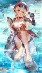  1girl absurdres au11 bird blonde_hair breasts cabbie_hat clover_print commentary_request duck fish genshin_impact hat highres klee_(genshin_impact) large_breasts long_hair older orange_eyes partial_commentary pointy_ears red_headwear shrug_(clothing) solo water white_feathers 