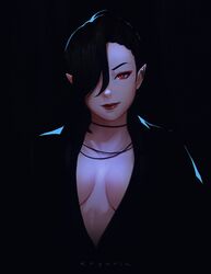  1girl black_hair breasts dark_background earrings elezen elf final_fantasy final_fantasy_xiv hair_over_one_eye hilda_ware hybrid hyur jewelry koyorin lips long_hair looking_at_viewer medium_breasts no_bra plunging_neckline pointy_ears red_eyes red_lips smile solo upper_body 