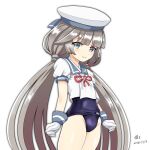  1girl artist_name blue_sailor_collar blue_swimsuit dated gloves green_eyes grey_hair hat kantai_collection long_hair looking_at_viewer low_twintails mikura_(kancolle) puffy_short_sleeves puffy_sleeves sailor_collar sailor_hat sailor_shirt school_swimsuit shirt short_sleeves signature smile solo swimsuit swimsuit_under_clothes tk8d32 twintails white_gloves white_headwear white_shirt 