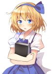  1girl alice_margatroid alice_margatroid_(pc-98) bangs blonde_hair blue_bow blue_dress blue_eyes blue_hairband blue_neckwear blush book bow bowtie collar dress e.o. eyebrows_visible_through_hair grimoire_of_alice hair_between_eyes hair_bow hairband highres looking_at_viewer object_hug open_mouth shirt short_hair short_sleeves simple_background solo touhou touhou_(pc-98) white_background white_shirt younger 