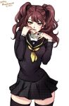  1girl brown_eyes brown_hair earrings jewelry kujikawa_rise long_hair looking_at_viewer mina_cream persona persona_4 school_uniform solo thigh-highs twintails 
