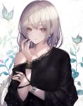  1girl absurdres bangs black_dress bug butterfly closed_mouth collarbone dress earrings hair_between_eyes highres holding insect jewelry long_hair necklace off_shoulder original red_eyes ring silver_hair solo straight_hair tachikawa_mushimaro upper_body watch watch white_background 